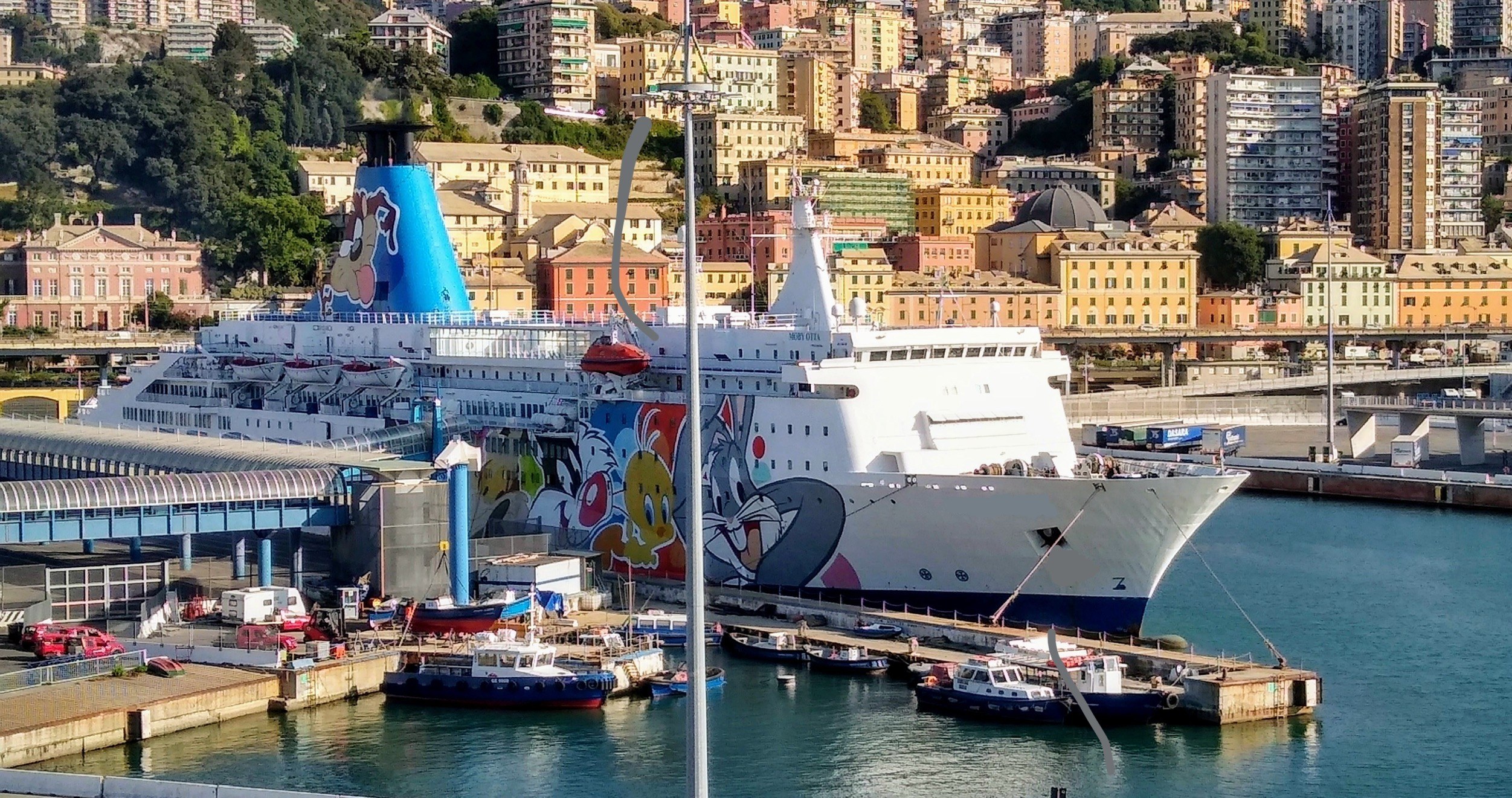 Großes Kreuzfahrtschiff liegt in der Nähe einer Stadt mit einer Brücke links, Fahrzeugen auf der Straße und Gebäuden und Bäumen im Hintergrund.