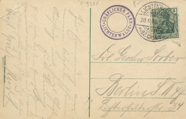 Alte Postkarte mit einer Briefmarke, die 'Lichtenwald, Deutschland - Brief nach Deutschland' lautet, mit handgeschriebenem Text und zwei zusätzlichen Briefmarken oben rechts.