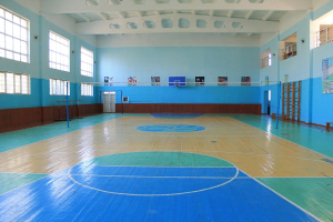 Großer Turnsaal mit einem blauen und weißen Boden, ausgestattet mit einem Basketballfeld, Netz, Pfosten, einer Tür, Fenstern, Postern an den Wänden, einem Geländer und einem Dach.