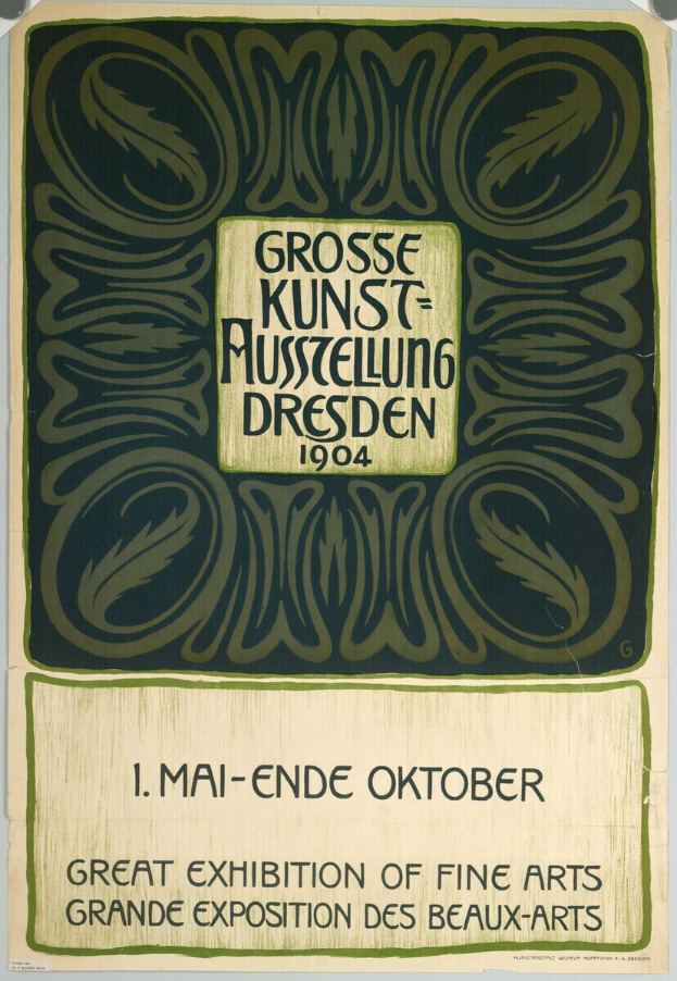 Ein Vintage-Plakat für die Große Kunstausstellung an der Grand Exposition des Beaux-Arts in Dresden, Deutschland, 1904, mit fettem Text, der das Ereignis ankündigt.