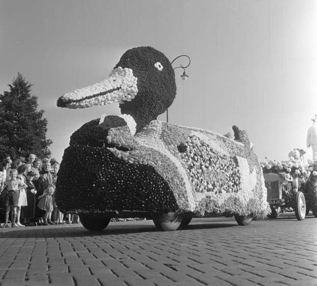 Schwarz-weiß-Foto eines Parade-Wagen in Form einer Ente, geschmückt mit Blumen, mit Menschen zu seiner Linken und Bäumen im Hintergrund bei klarem Himmel.