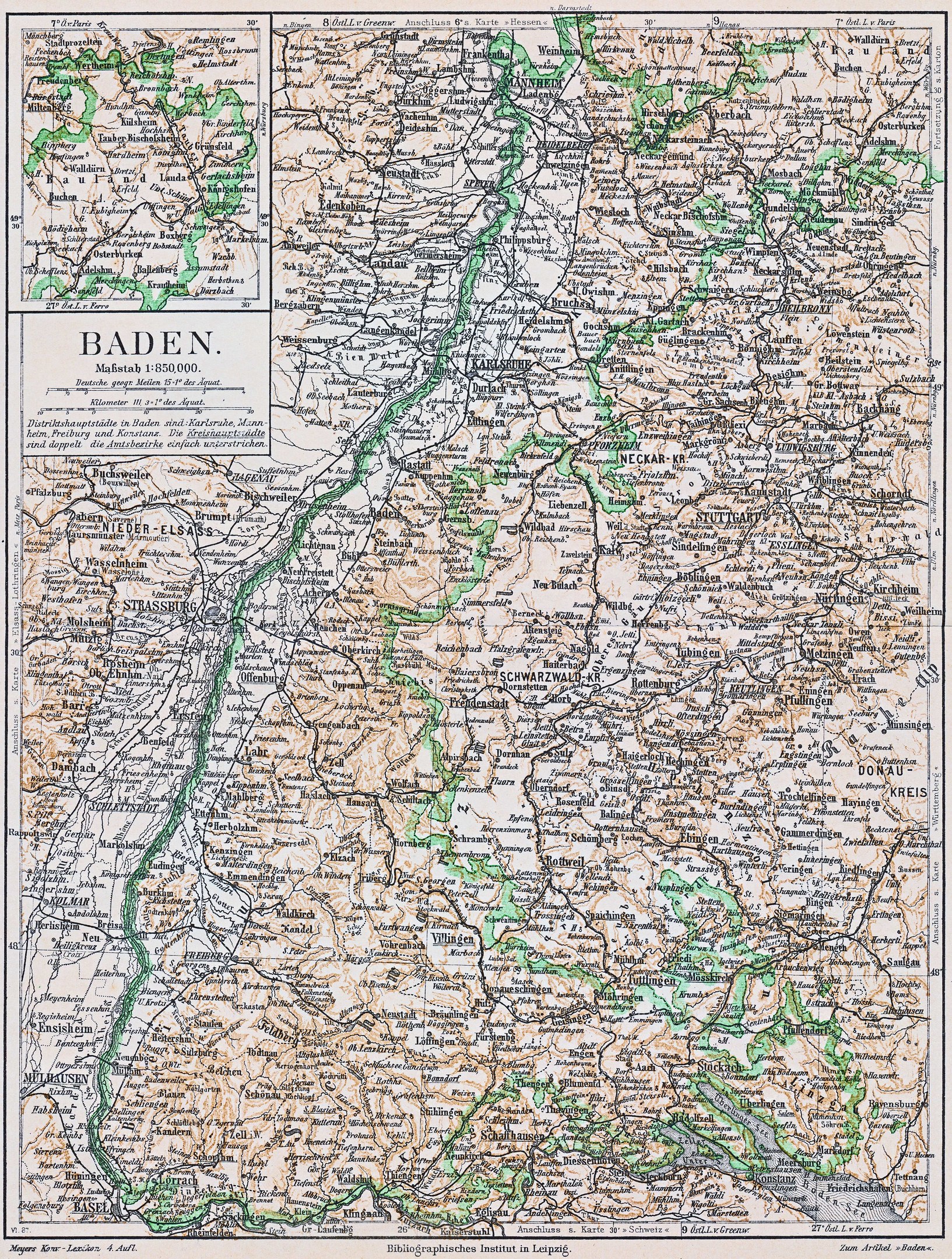 Detailreiche alte Karte von Baden-Württemberg, Deutschland, mit Straßen, Städten und geografischen Merkmalen, mit Text oben und unten auf dem Papier.