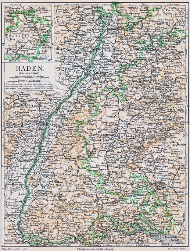 Detailreiche alte Karte von Baden-Württemberg, Deutschland, mit Straßen, Städten und geografischen Merkmalen, mit Text oben und unten auf dem Papier.