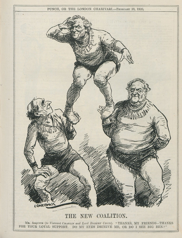 Ein historisches politisches Cartoon mit dem Titel "The New Coalition" aus dem *Punch, oder der London Charivari* vom Februar 18, 1920, das drei besorgte Figuren zeigt, wobei die mittlere Person die Arme schmerzvoll erhebt.