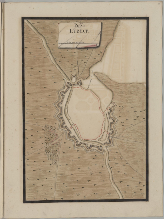 Ein detaillierter Stadtplan der Stadt Lübeck auf dem Umschlag eines alten Buches, der Straßen, Gebäude und Sehenswürdigkeiten zeigt, begleitet von Texten über die Bevölkerung, Geschichte und Kultur der Stadt.