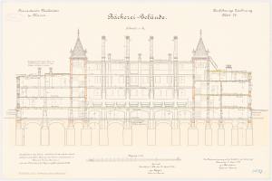 Eine Zeichnung der Bäckerrei-Schlände, ein großes historisches Gebäude in Deutschland mit zahlreichen Fenstern, begleitet von beschreibendem Text.