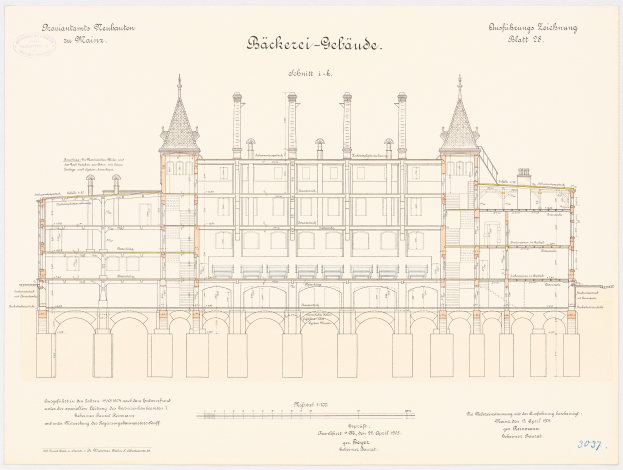 Eine Zeichnung der Bäckerrei-Schlände, ein großes historisches Gebäude in Deutschland mit zahlreichen Fenstern, begleitet von beschreibendem Text.