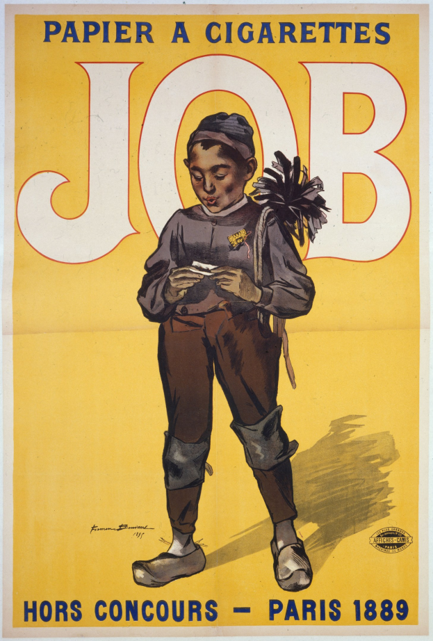 Ein Plakat mit einem jungen Jungen, der eine Zigarette hält, mit Text, der wahrscheinlich einen Job bewirbt, und der Junge zeigt einen entschlossenen Gesichtsausdruck.