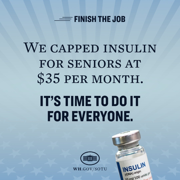 Plakat mit einem Insulinfläschchen auf der rechten Seite und Text, der für allgemeine Preisdeckel für Insulin wirbt.