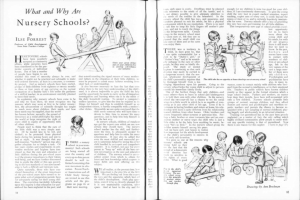 Offenes Buch mit einer Zeichnung von Kindern, die in einem Kindergarten spielen, mit Text, Bildern und einer Tabelle mit Gegenständen.