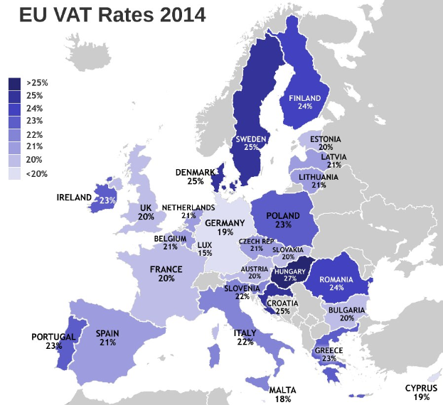 Karte von Europa mit EU-Mehrwertsteuersätzen in Prozent und Text für das Jahr 2014.