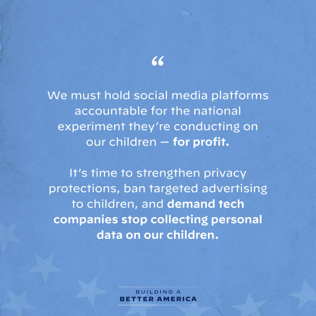 Ein Plakat mit einem Zitat aus Building a Better America, das besagt: "Wir müssen soziale Medien-Plattformen für das nationale Experiment zur Verantwortung ziehen, das sie an unseren Kindern durchführen - zum Profit.", verziert mit Sternen.