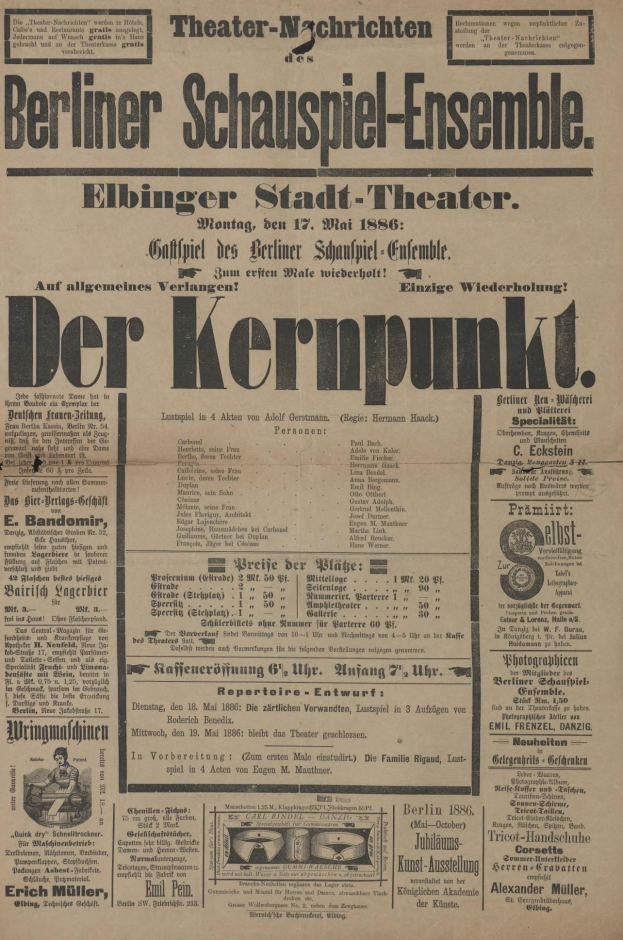 Schwarze-weiße Zeitungsanzeige für das Berliner Schauspiel-Ensemble, die einen Mann in Anzug und Krawatte zeigt, mit Text, der das Ereignis beschreibt.