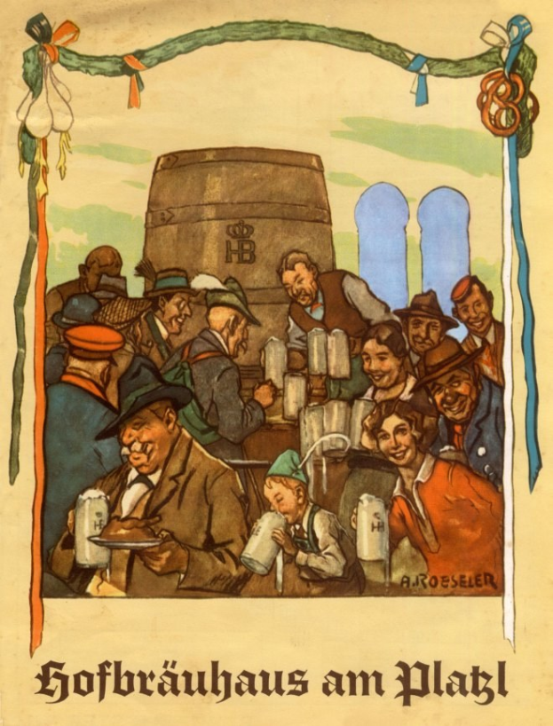 Plakat für ein Bierfest in Deutschland, das Menschen mit Biergläsern in der Hand und einem Fass im Hintergrund zeigt und deutschen Text unten.