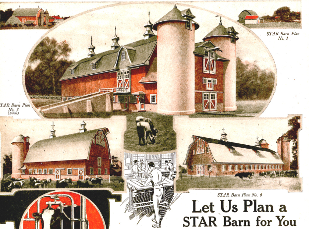 Ein Plakat mit Gebäuden und Kühen, Bäumen im Hintergrund und Text unten.