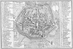 Eine Schwarz-Weiß-Karte von Göttingen, Deutschland, mit Straßen, Gebäuden und Sehenswürdigkeiten mit Textbeschriftungen.