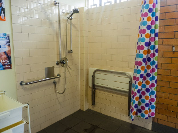 Ein barrierefreies Badezimmer mit Dusche, Handläufen, Vorhang, einer Wand mit Postern, einem Ständer mit Tablett und einem Fenster.