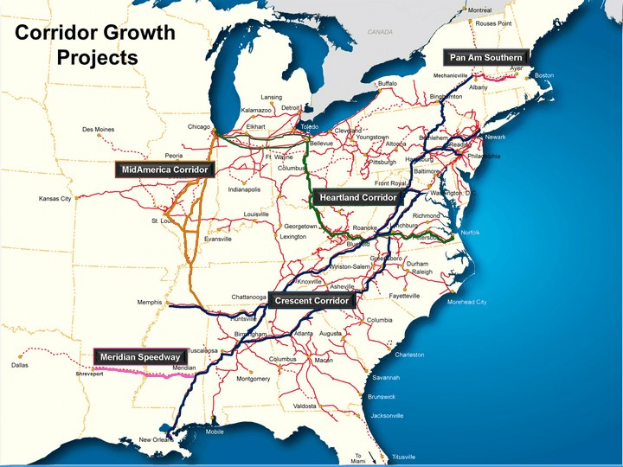 Plakat mit der Aufschrift "Corridor Growth Projects", das eine detaillierte U.S.-Karte mit hervorgehobenen Straßen und Highways auf einem hellblauen Hintergrund zeigt.