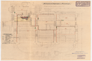 Schwarz-weißer architectural drawing of Rosenhof Hospital in Hamburg, Germany, showing detailed floor plan with numerous electrical wires and labeled rooms, hallways, and features on aged paper.
