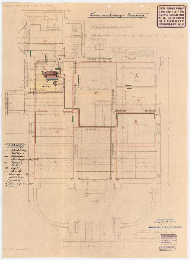 Schwarz-weißer architectural drawing of Rosenhof Hospital in Hamburg, Germany, showing detailed floor plan with numerous electrical wires and labeled rooms, hallways, and features on aged paper.