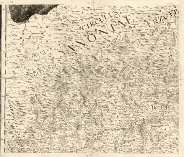 Ein detailliertes altes Kartenbild von Sachsen, Deutschland, das geographische Merkmale wie Flüsse, Berge und Städte zeigt, mit begleitendem Text, der Informationen über die Region und ihre Bewohner liefert.