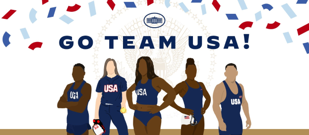 Gruppe animierter Menschen vor einem weißen Hintergrund mit den Worten "Go Team USA" in fetten, bunten Buchstaben, identifiziert als die US-amerikanische Frauen-Volleyball-Nationalmannschaft.