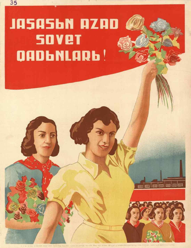 Sowjetisches Propagandaplakat zum Internationalen Frauentag, das eine Frau mit einem Blumenstrauß in der Hand zeigt, umgeben von einer Menge und einem Gebäude im Hintergrund.