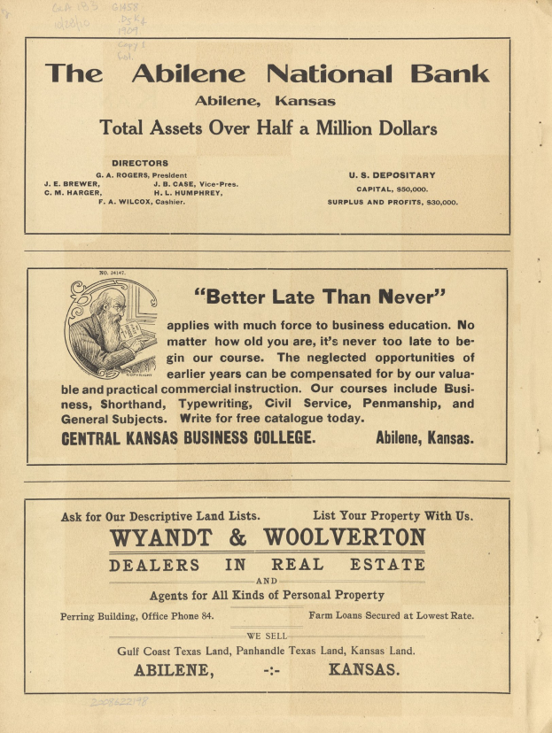 Schwarze und weiße Zeitungsanzeige für die Abilene National Bank mit einem zentralen Porträt und umgebenem Text, der ihre Dienstleistungen beschreibt.