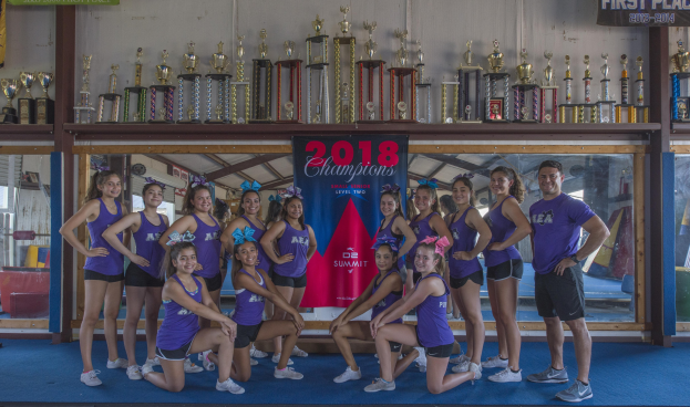 Gruppe von Cheerleadern in lila Shirts und schwarzen Shorts, die vor einem Vitrinenschrank mit einer '2018 Summit Cheerleading Champions'-Banner im Hintergrund posen.