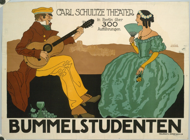 Ein Plakat, das ein Konzert im Carl-Schulze-Theater in Berlin, Deutschland ankündigt, zeigt einen Mann, der eine Gitarre spielt und eine Frau, die einen Fächer hält, mit Text auf dem Plakat.