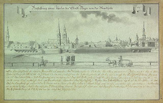 Eine Zeichnung einer Stadtlandschaft mit einer Kutsche im Vordergrund, die die Belagerung von Hamburg, Deutschland, darstellt, mit Text, der die Ereignisse der Belagerung beschreibt.