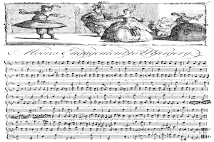 Eine Schwarz-Weiß-Zeichnung einer Gruppe von Menschen in historischer Kleidung, die tanzen, mit einem Notenblatt im Hintergrund, das 'Moores Engagement zur Chirurgie' betitelt ist.