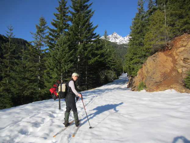 Eine Frau, die auf Schnee Ski fährt und eine Tasche und eine Mütze trägt, mit Bäumen und Hügeln im Hintergrund.