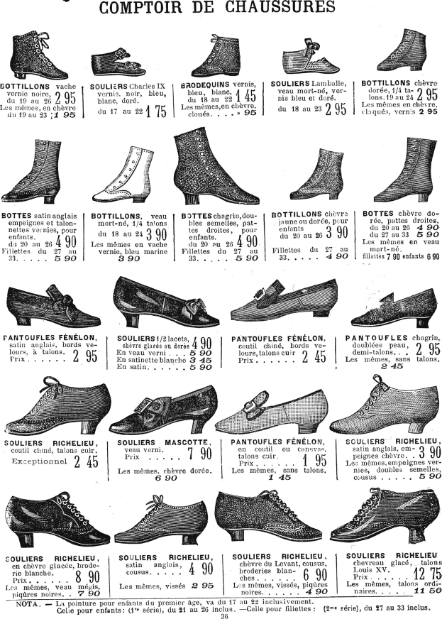 Eine Seite aus einem Buch, die verschiedene Damenschuhe mit einzigartigen Designs, Preisetiketten und detaillierte Informationen zur Größe, Form und Farbe zeigt, ordentlich in Reihen angeordnet.