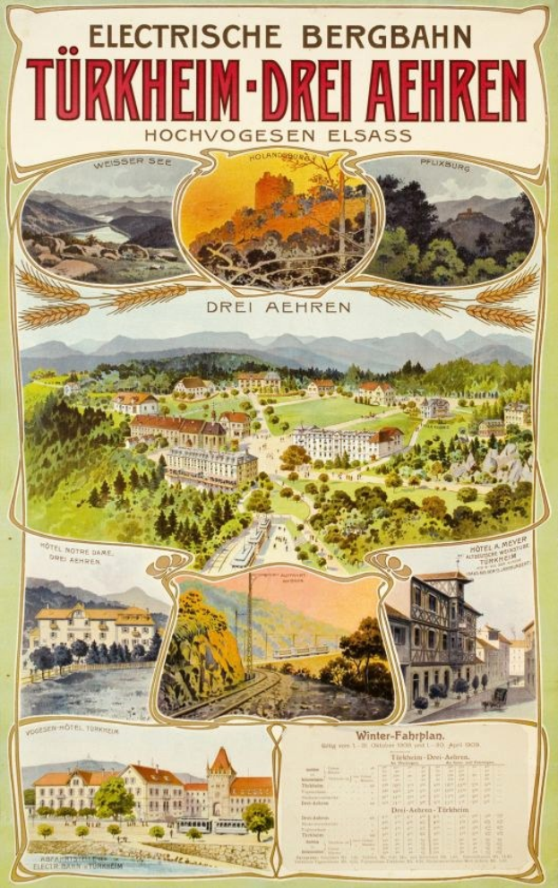 Plakat für Bergbahn, Deutschland, das seine elektrifizierte Stadt mit Bildern von Gebäuden, Bäumen, Hügeln und beschreibendem Text bewirbt.