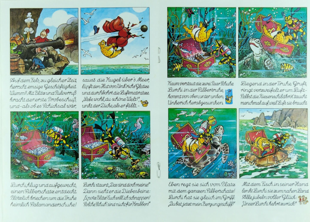 Ein Buchumschlag mit einem Cartoon-Charakter umgeben von Text.