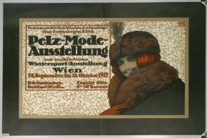 Plakat für ein Wintersportevent in Wien, Österreich, mit einer lachenden Frau in einem Pelzmantel und Hut sowie Eventdetails im Text.