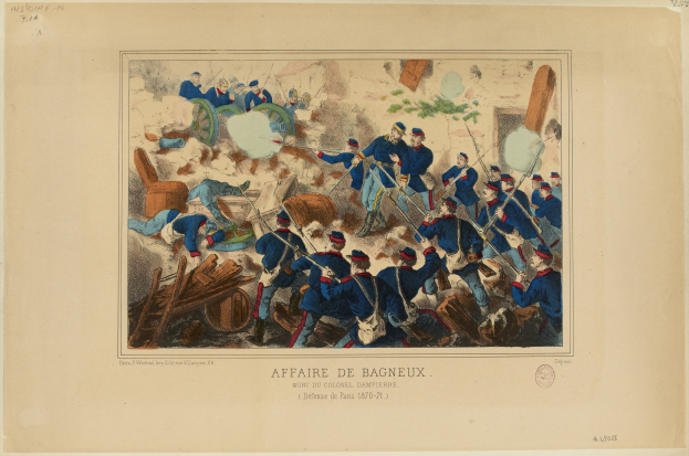 Eine Gruppe von Männern in blauen Uniformen ist in einen Kampf verwickelt, einige halten Waffen, mit dem Text 'AFFAIRE DE BAGNEUX' unten.