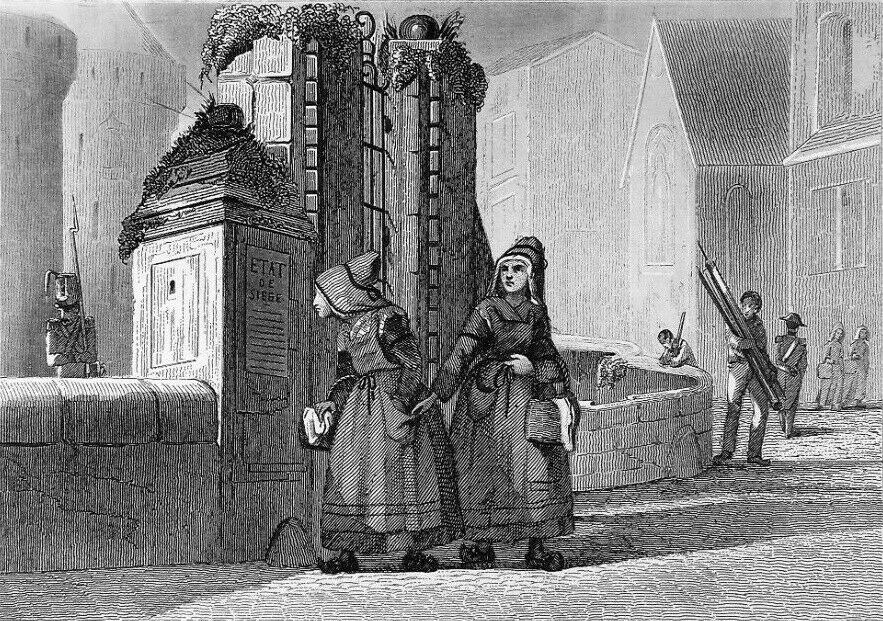 Schwarz-weiß-gravur von zwei frauen, die vor einem gebäude stehen, mit zusätzlichen figuren im hintergrund und text, der "victorianische frauen in der stadt von london" unten liest.