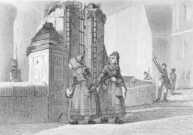 Schwarz-weiß-gravur von zwei frauen, die vor einem gebäude stehen, mit zusätzlichen figuren im hintergrund und text, der "victorianische frauen in der stadt von london" unten liest.