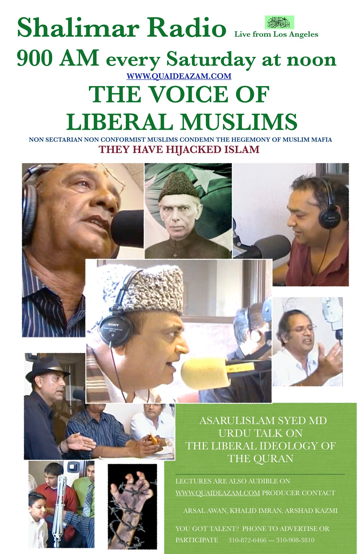Plakat, das eine Radiosendung mit dem Titel 'Die Stimme der liberalen Muslime' ankündigt, zeigt Bilder von Menschen mit Kopfhörern und Mikrofonen in einem Gespräch.
