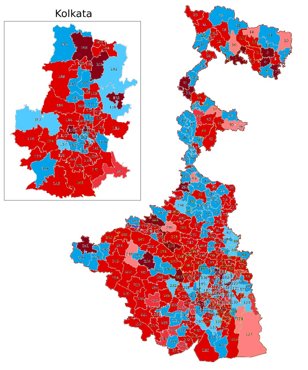 Farbcodierte Karte von Kolkata, Indien, die die Bevölkerungsverteilung in Prozent zeigt, mit dem Text "Kolkata Wahl-Ergebnisse" oben.