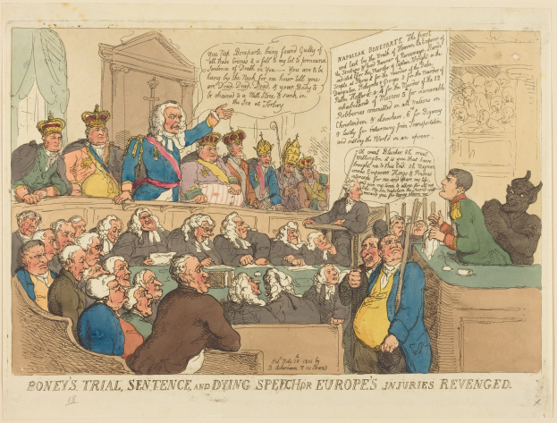 Cartoon-Illustration einer Gerichtsszene mit dem Titel "Boney's Trial, Sentence and Dying Speech Europe's Injuries Revenged", die einen zentralen stehenden Mann, sitzende Beobachter und einen Tisch mit Gegenständen auf der rechten Seite zeigt.