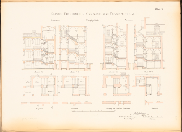Ein detailliertes Bild des Kaiser-Friedrichs-Gymnasiums in Frankfurt, Deutschland, auf einer alten Buchseite, das verschiedene Räume, Merkmale und Text zeigt.
