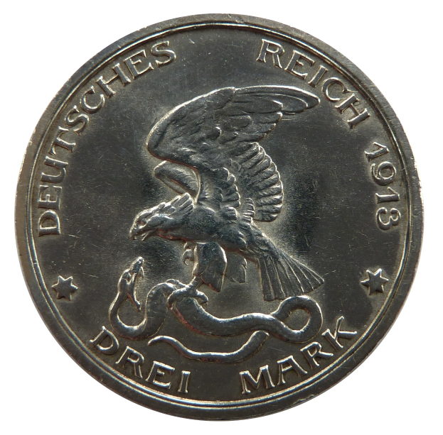 Silbermünze mit einem Adler, der eine Schlange umklammert, Flügel gespreizt, vor einem weißen Hintergrund, mit der Aufschrift "Deutsches Reich".