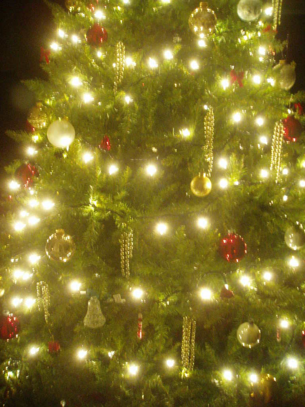 Ein Weihnachtsbaum mit Lichtern, Schmuck und verschiedenen Verzierungen.