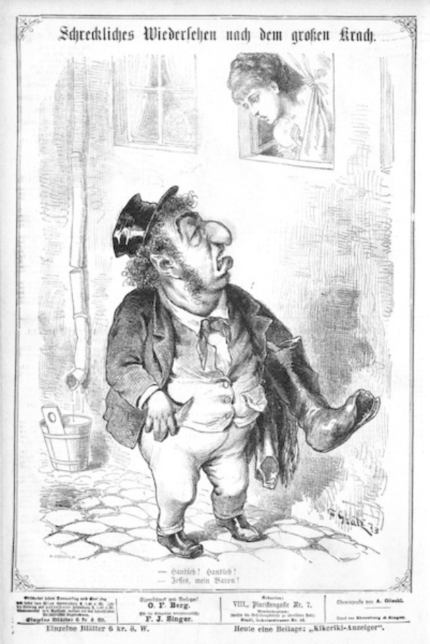 Cartoon-Illustration eines Mannes mit Zylinder und einer Frau in einem Kleid, die neben einer Wand, einem Fenster und einem Eimer stehen, mit Text unten, der lautet: "F. J. Singer, der erste deutsche Politiker, der in den Kongress gewählt wurde."
