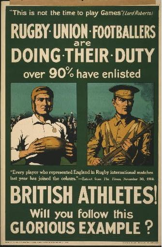 Plakat mit zwei Rugbyspielern in Militäruniform, mit Text über 90% der britischen Athleten eingezogen, und zusätzliche Informationen über ihre Aufgaben.