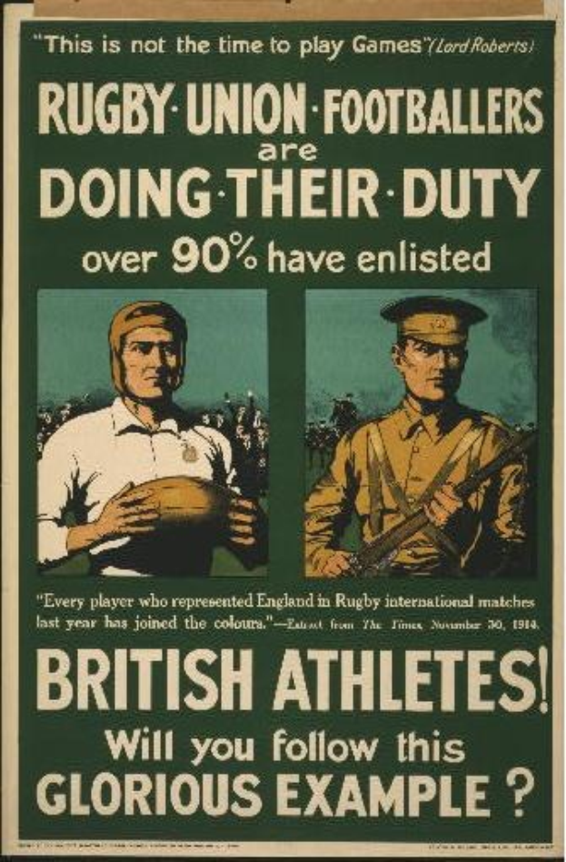Plakat mit zwei Rugbyspielern in Militäruniform, mit Text über 90% der britischen Athleten eingezogen, und zusätzliche Informationen über ihre Aufgaben.