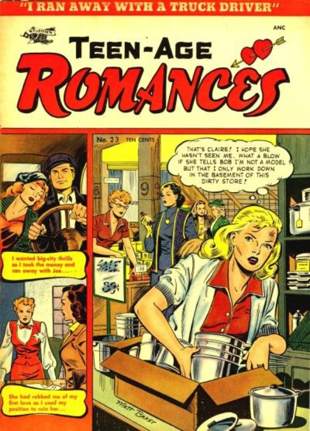 Ein farbenfroher DC-Comics-Plakat mit der Aufschrift "Teen-Age Romances 23-A", das eine Gruppe von Menschen in einer fröhlichen, romantischen Umarmung zeigt.